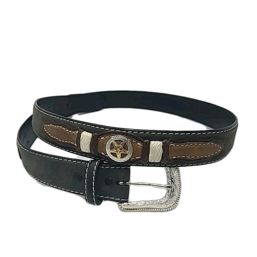 Men's Durango Leather Belt Western Star Silver Buckle Black Brown Size 46